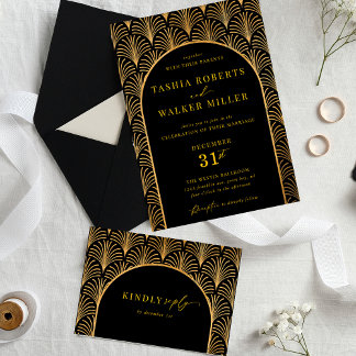 Formal Black Tie Gold Art Deco Black Wedding Invitation