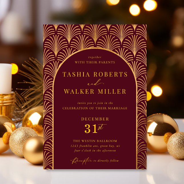 Formal Black Tie Gold Art Deco Burgundy Wedding Invitation (Wine and Gold Formal Black Tie Wedding Invitation)