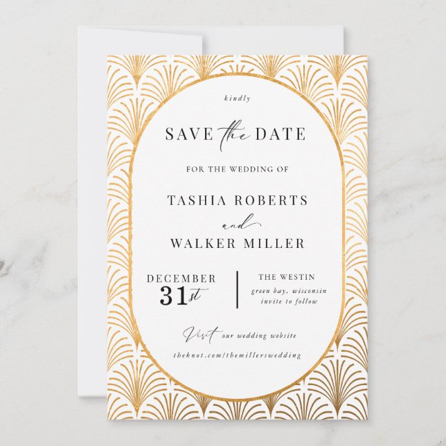 Formal Black Tie Gold Art Deco Save the Date (Front)