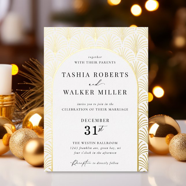 Formal Black Tie Gold Art Deco Wedding Gold Foil Invitation (Formal Real Foil Gold Art Deco New Years Eve, Christmas Wedding Invitation )