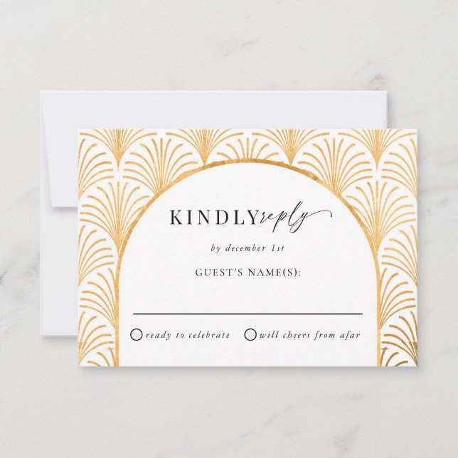 Formal Black Tie Gold Art Deco Wedding RSVP Card (Front)