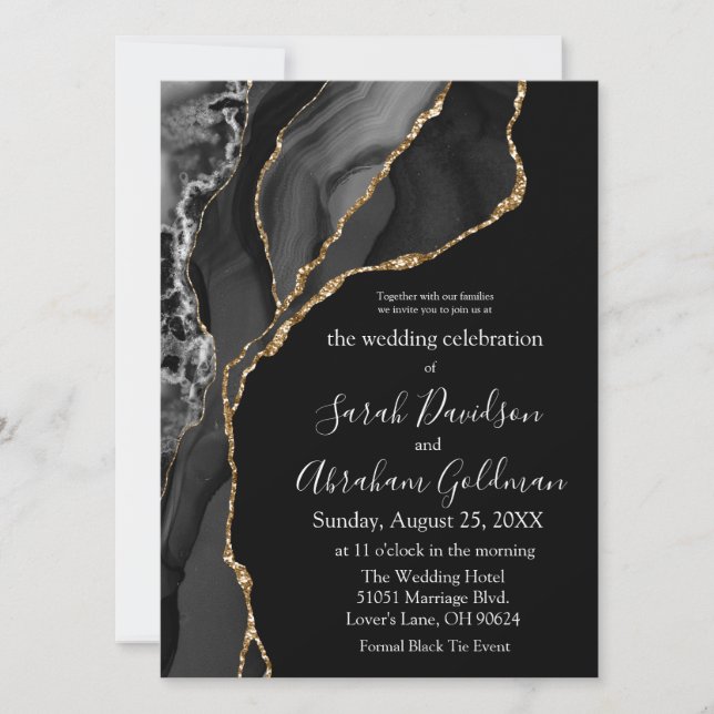 Formal Black Tie Wedding Invitations - Black Gold (Front)