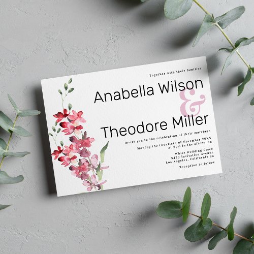 Formal black typography pink green floral wedding invitation