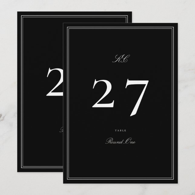 Formal Black & White 5 x 7 Wedding Table Number (Front/Back)