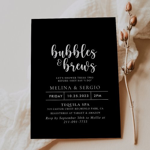 Formal Black White Bubbles  Brews Bridal shower  Invitation