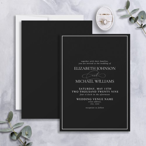 Formal Black  White Classic Script Wedding Invitation