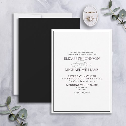 Formal Black  White Classic Script Wedding Invitation