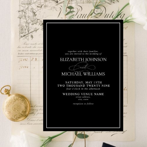 Formal Black  White Classic Script Wedding Invitation