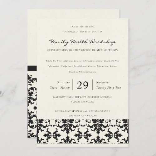 FORMAL BLACK  WHITE DAMASK CLASSIC WORKSHOP EVENT INVITATION