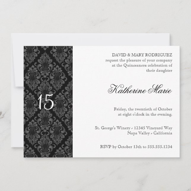 Formal Black White Damask Rehearsal Dinner Invites (Front)