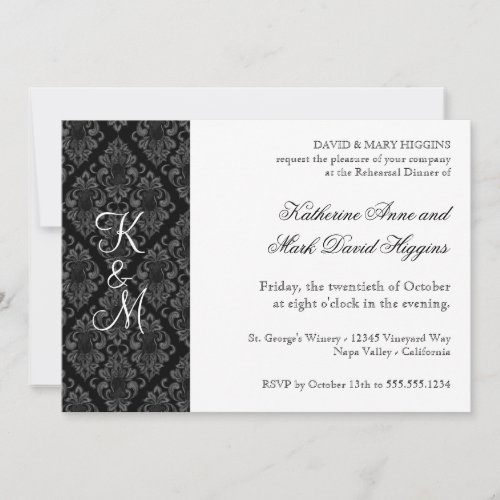 Formal Black White Damask Rehearsal Dinner Invites