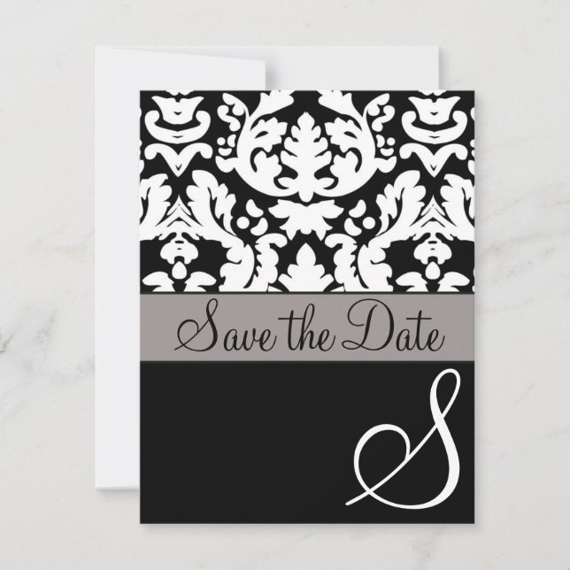 Formal Black/White Damask Wedding Save the Date (Front)
