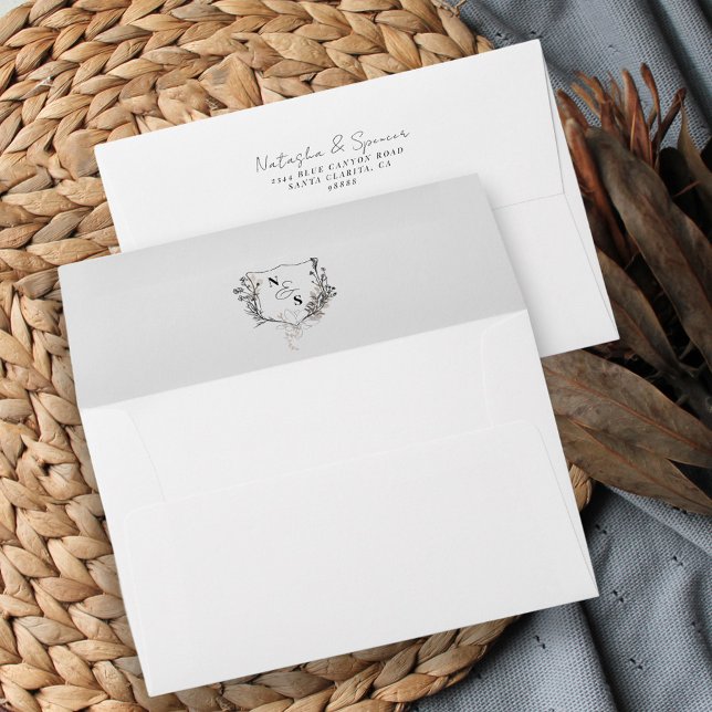 Formal Black/White Floral Crest Monogram Wedding Envelope (Creator Uploaded)