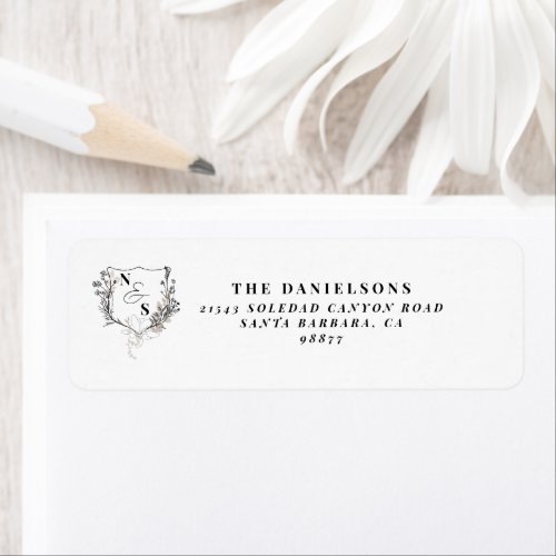 Formal Black  White Floral Crest Monogram Wedding Label