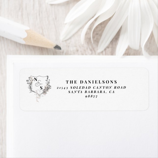 Formal Black & White Floral Crest Monogram Wedding Label (Insitu)