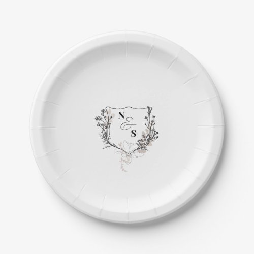 Formal BlackWhite Floral Crest Monogram Wedding Paper Plates