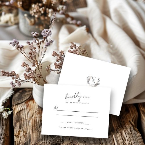 Formal BlackWhite Floral Crest Monogram Wedding RSVP Card