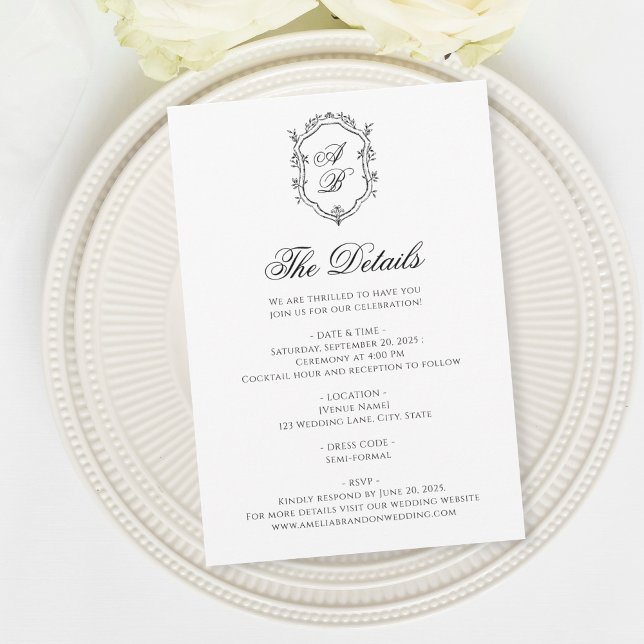 Formal Black & White Floral Monogram Crest Wedding Enclosure Card (Creator Uploaded)