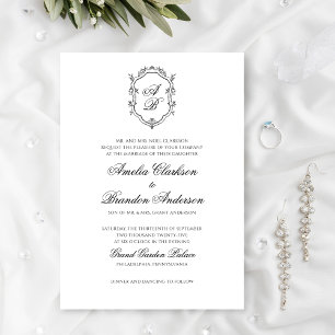 Formal Black & White Floral Monogram Crest Wedding Invitation