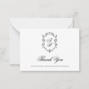 Formal Black & White Floral Monogram Crest Wedding Note Card