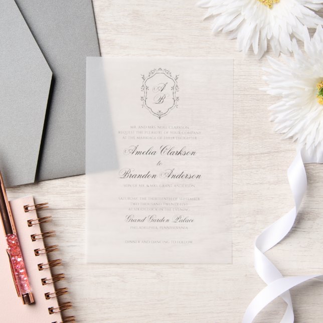 Formal Black & White Floral Monogram Crest Wedding Vellum Invitations (Wedding)