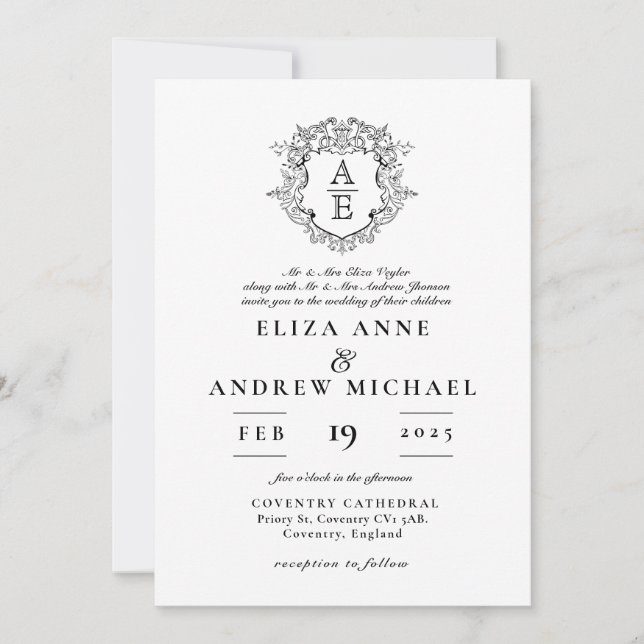 Formal Black & White Leafy Crest Monogram Wedding  Invitation (Front)