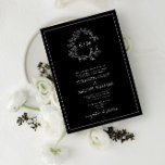 Formal Black White Leafy Crest Monogram Wedding Invitation<br><div class="desc">We're loving this trendy, formal wedding invitation in Black White! Simple, elegant, and oh-so-pretty, it features a hand drawn leafy wreath encircling a modern wedding monogram. Traditional in wording, it features the names of the parents hosting the wedding, and is personalized in elegant typography, and accented with hand-lettered calligraphy. Finally,...</div>