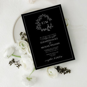 Formal Black White Leafy Crest Monogram Wedding Invitation