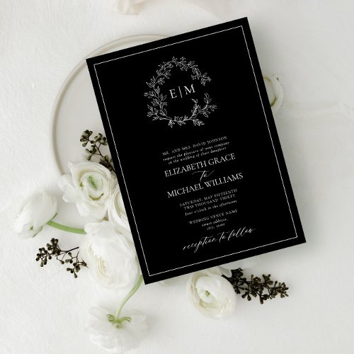 Formal Black White Leafy Crest Monogram Wedding Invitation