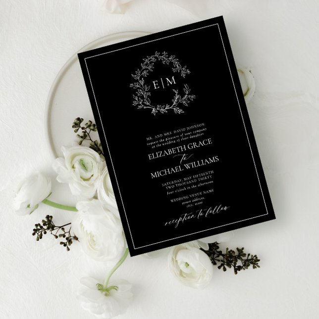 Formal Black White Leafy Crest Monogram Wedding Invitation (Creator Uploaded)