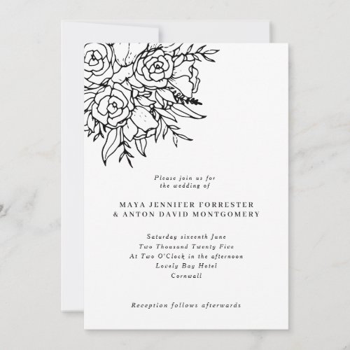 Formal Black  White Line Art Floral Wedding Invitation