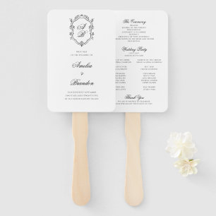 Formal Black White Monogram Crest Wedding Program Hand Fan