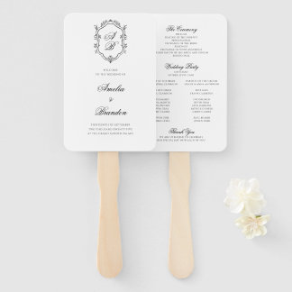 Formal Black White Monogram Crest Wedding Program Hand Fan