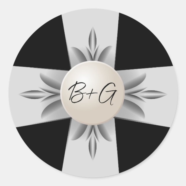 Formal Black & White Monogram Pearl Ribbon Wedding Classic Round Sticker (Front)