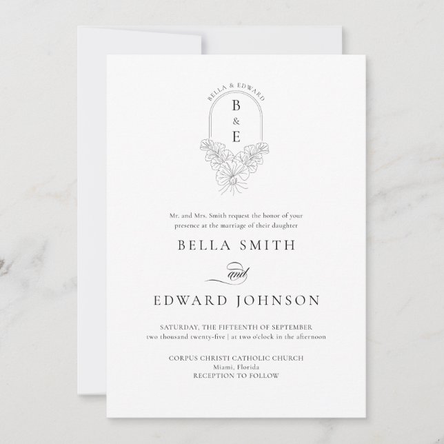 Formal Black White Monogram Wedding Invitation (Front)
