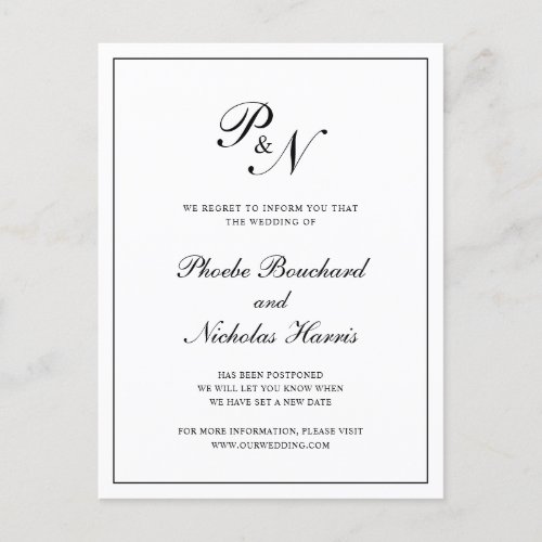 Formal Black White Monogram Wedding Postponement Announcement Postcard