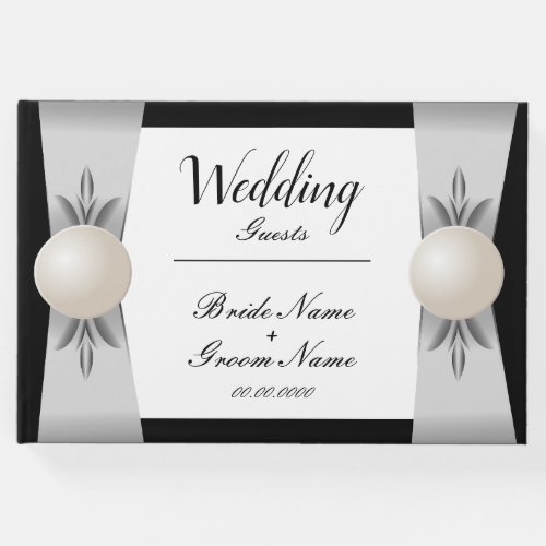 Formal Black  White Pearl Ribbon Wedding Guest Book