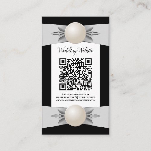 Formal Black  White Pearl Ribbon Wedding QR Code Enclosure Card