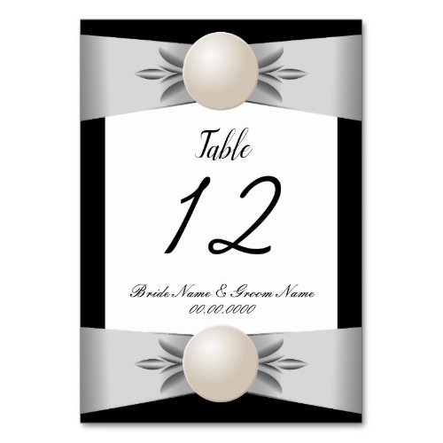Formal Black  White Pearl Ribbon Wedding Table Number