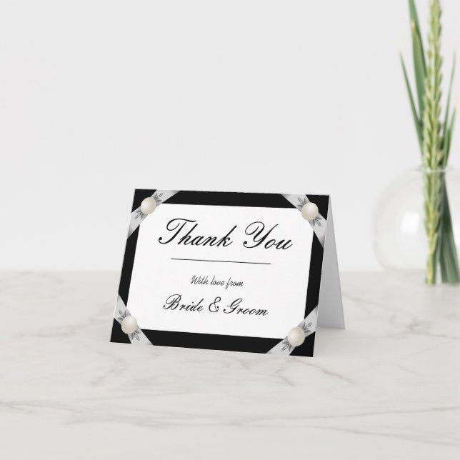 Formal Black/White Pearl Ribbon Wedding Thank You (Front)