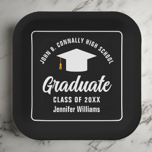 Formal Black White Personalized Graduation Party Paper Plates