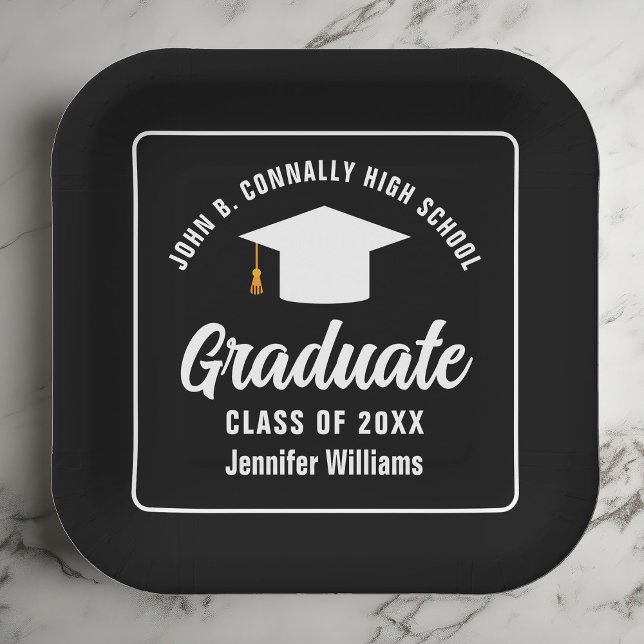 Formal Black White Personalized Graduation Party Paper Plates (Creator Uploaded)