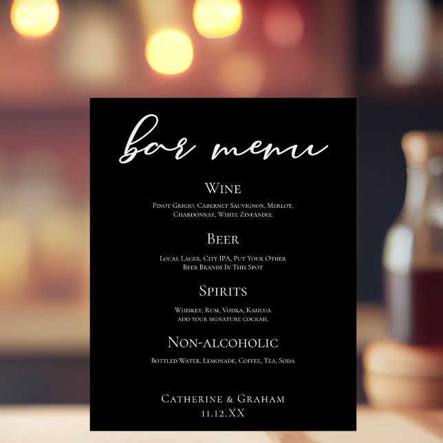 Formal Black White Script Chic Wedding Bar Menu Foam Board (Creator Uploaded)