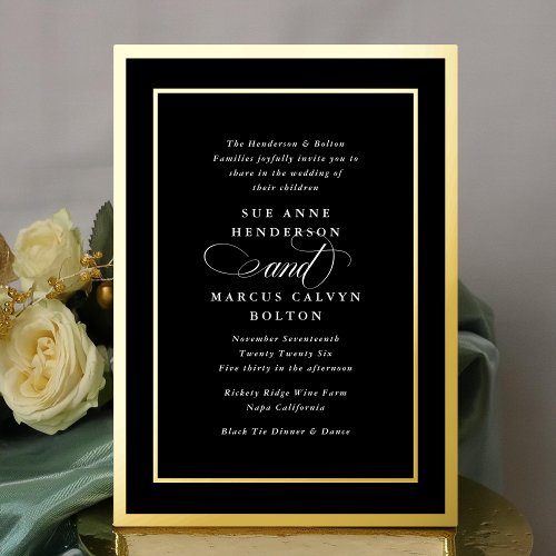 Formal Black  White Script Golden Frames Wedding Foil Invitation