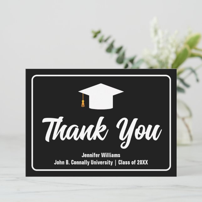 Formal Black White Typography Custom Graduate Thank You Card (Standing Front)