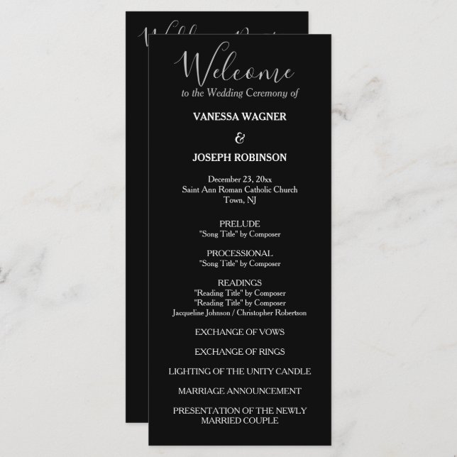 Formal Black White Wedding Program Names (Front/Back)