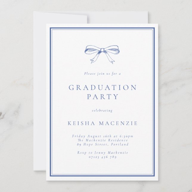 Formal Blue Bow Photo Graduation Party Invitation (Front)