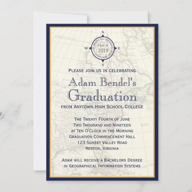 Formal Blue Compass Map Graduation Announcements (Front)