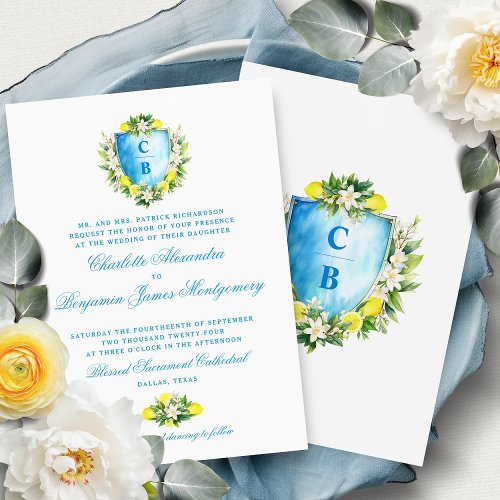 Formal Blue Floral Crest Monogram Lemons Wedding Invitation