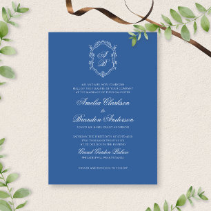 Formal Blue Leaf Monogram Crest & Script Wedding Invitation